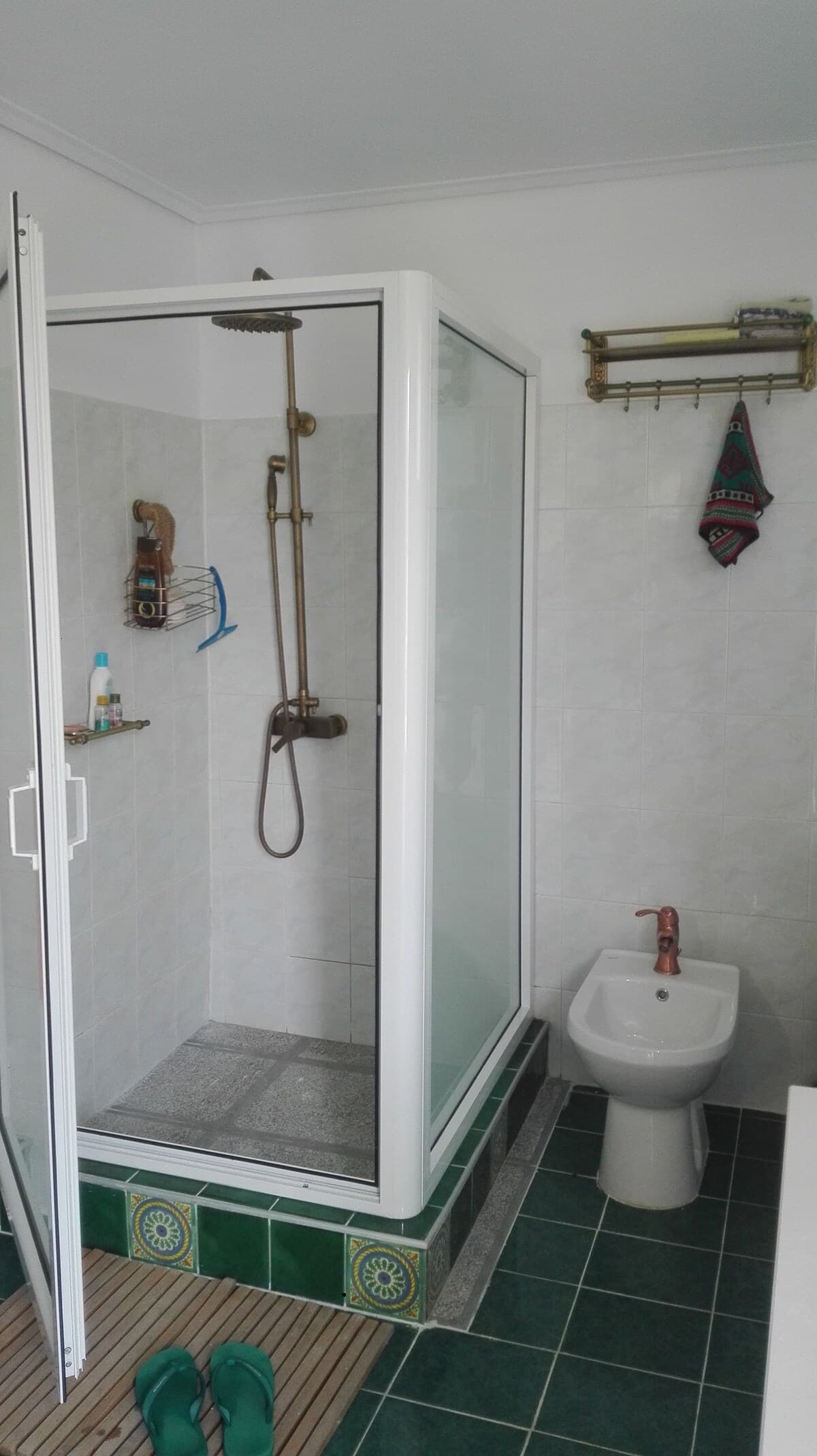 Bathroom with glass shower, bidet, and green tile floor